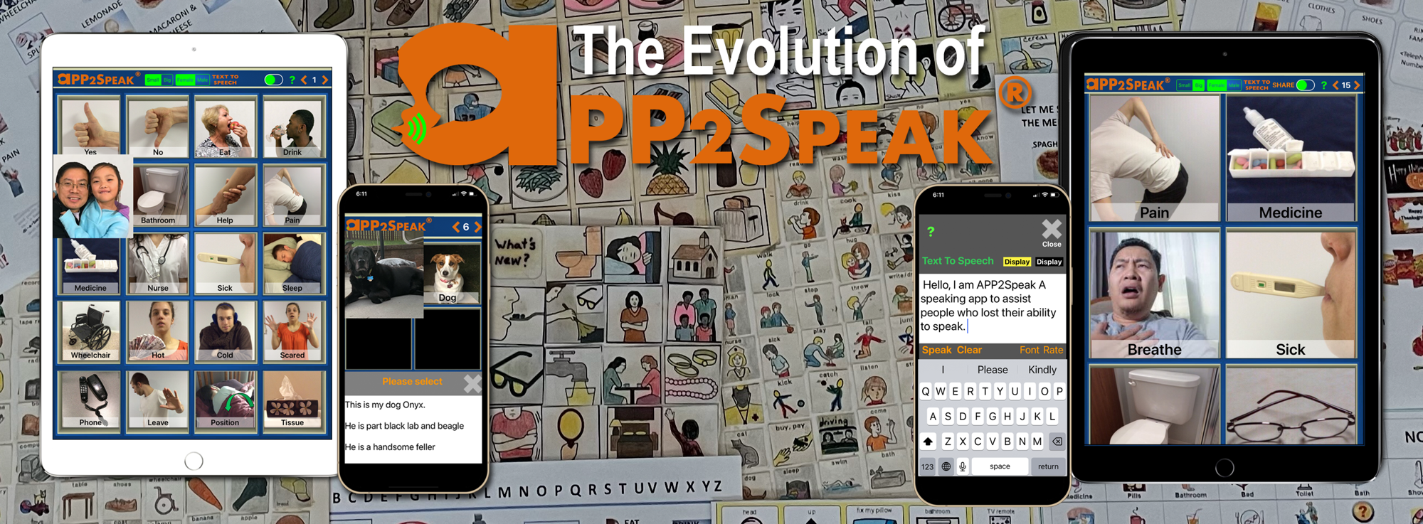APP2Speak AAC app logo banner with iPhone and iPad