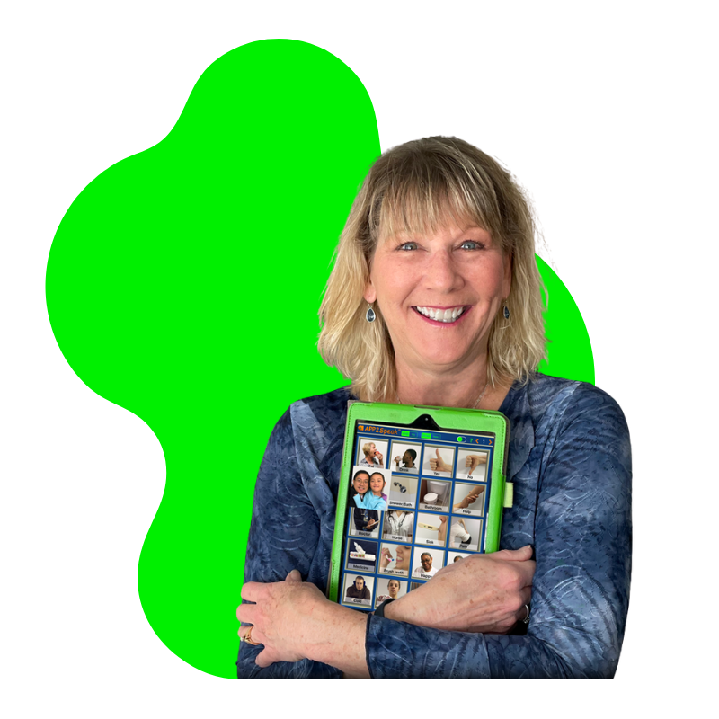 Gina APP2Speak Headshot Holding iPad