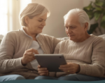 man and woman caregiver with iPad