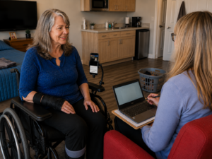 Woman with Aphasia in therapy session with AAC