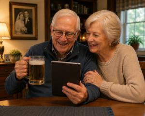 Older couple using an AAC communication app on an iPad to support everyday communication at home.
