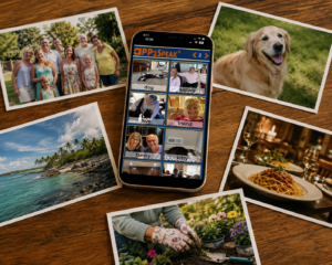 APP2Speak AAC app on an iPhone surrounded by personal photos of family, pets, travel, food, and hobbies